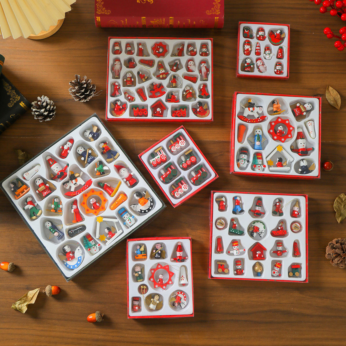 Mini Train Christmas Ornaments in a Gift Box | Bright Colors for Mantel and Tabletop Display | Seven Festive Design Sets