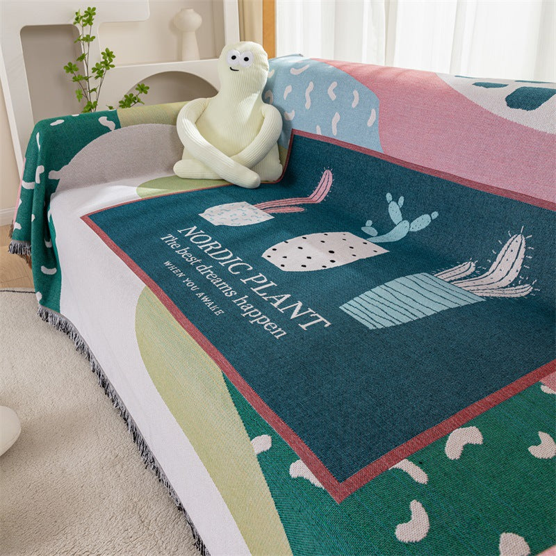 Warm Blanket with Fringed Edge and Nordic Plant Print | Soft Woven Throw for Sofa or Bed | 4 Sizes