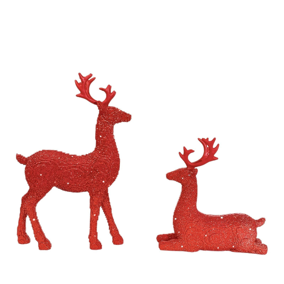 Reindeer Christmas Figurine Set of Two in Glitter Resin | 30 cm and 15.5 cm Tall Deer Decor | Silver, Red or Gold