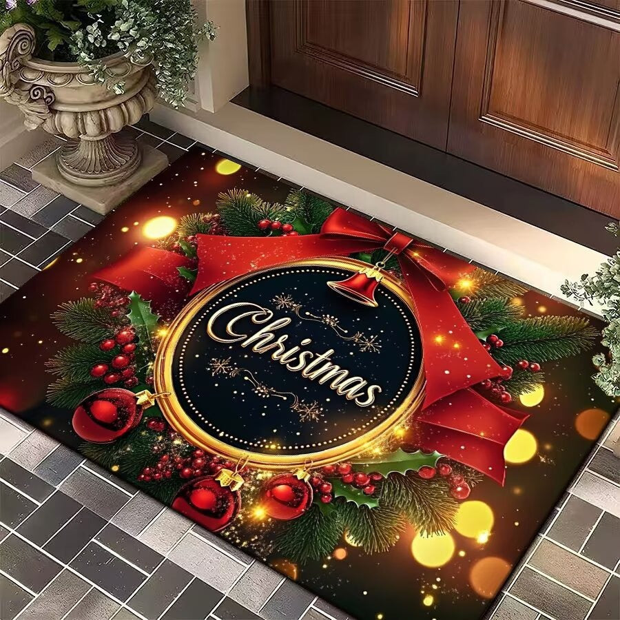 Christmas Door Mat with Bells, Holly and Red Bow Print | Durable Low Profile Entrance Rug | Three Sizes, Five Festive Designs
