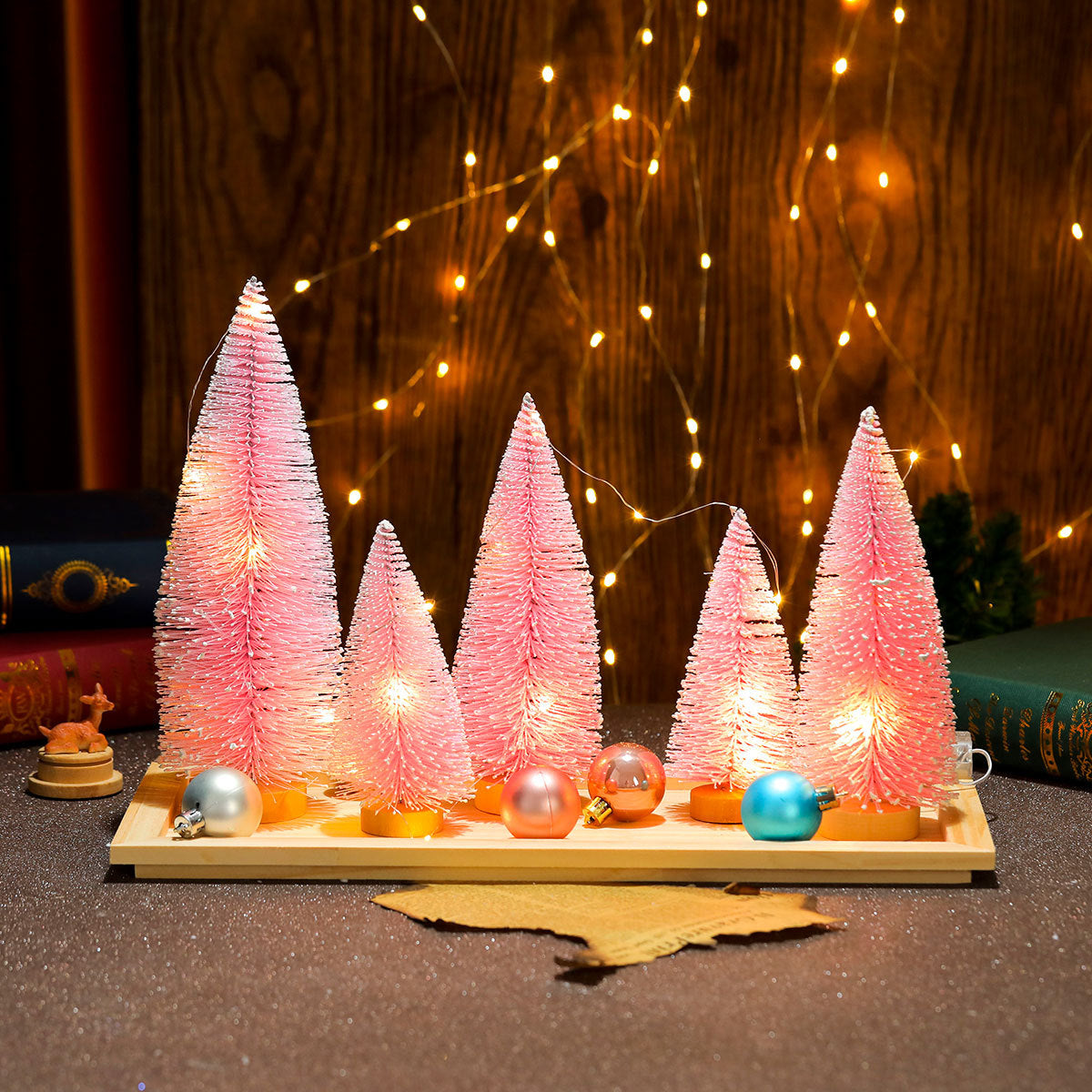Mini Christmas Tree Set of Five with Warm White Lights | Natural Wood Base | Tabletop and Mantel Holiday Decorations