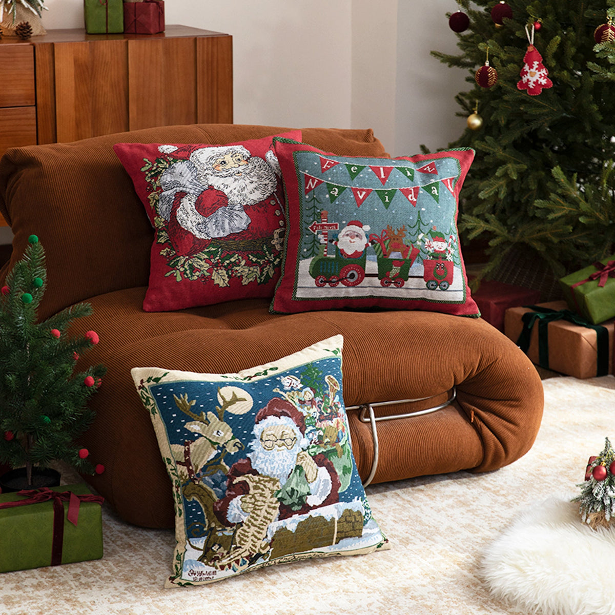 Christmas Home Decor Tapestry Pillow Cover with Santa and Reindeer Motif | Woven Gobelin Texture, Concealed Zipper | Six Designs