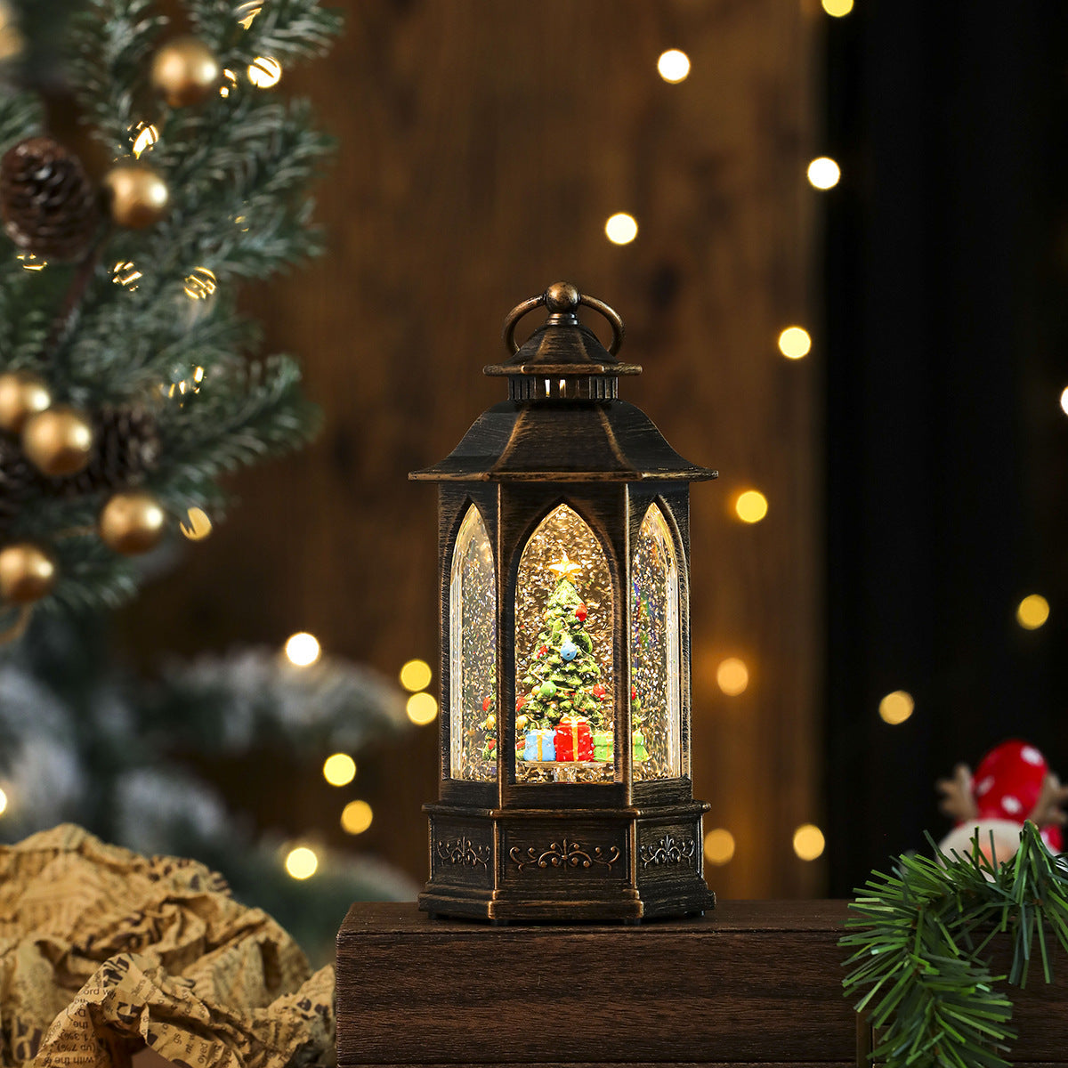 Battery Operated Christmas Lights in a Glitter Filled Lantern | Santa and Snowman Scenes Inside | Warm Cordless Tabletop Decor