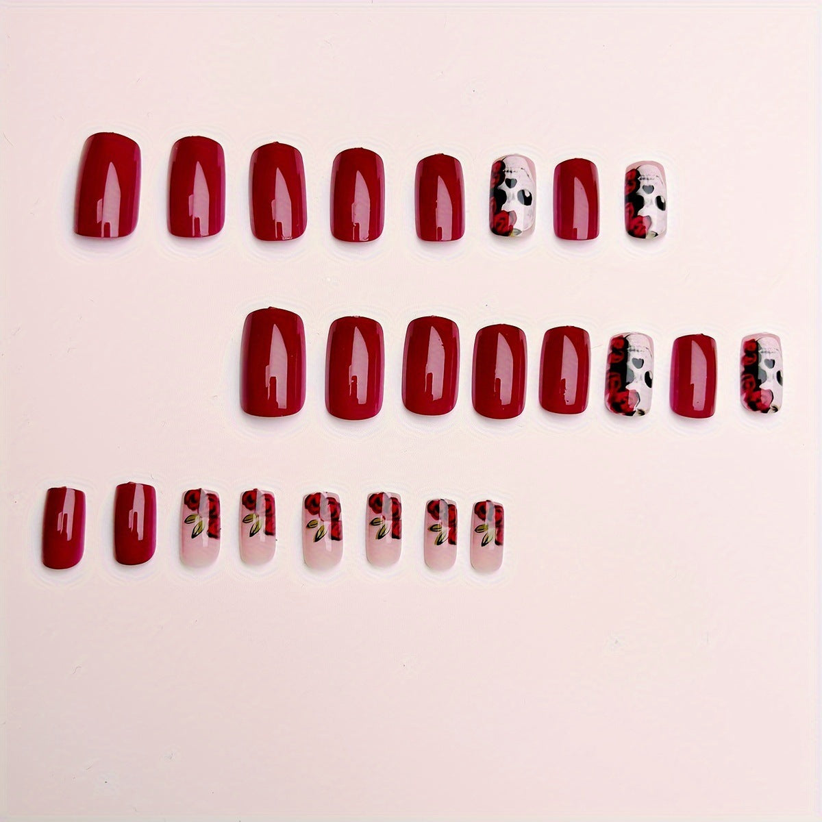 Halloween Skull Floral Press-On Nails | Available in Deep Red | Glue-Free Application in Minutes for Parties and Nights Out