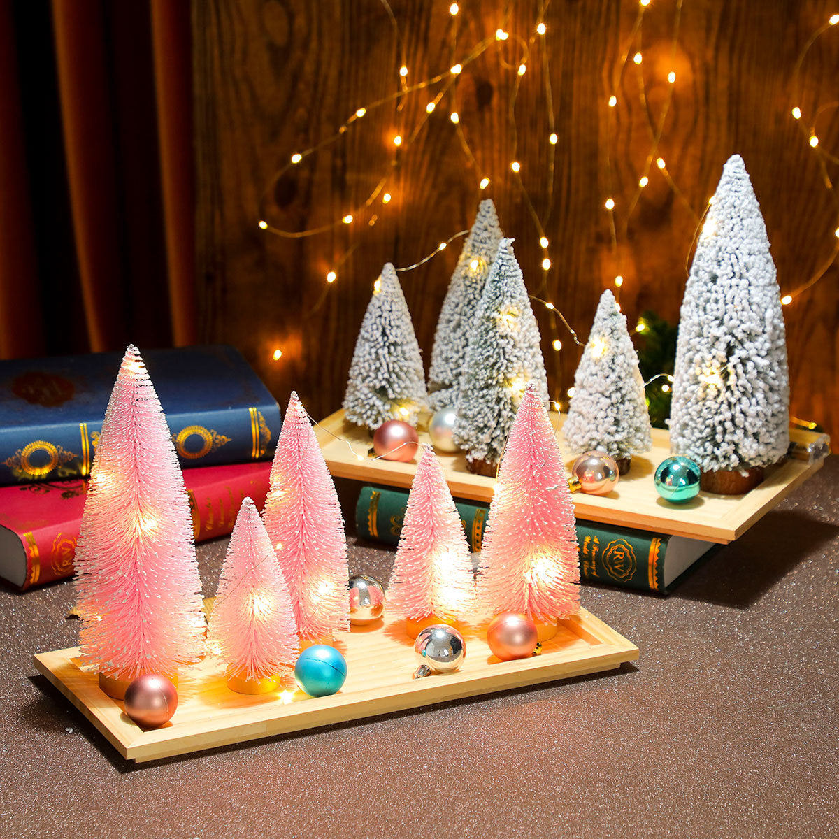 Mini Christmas Tree Set of Five with Warm White Lights | Natural Wood Base | Tabletop and Mantel Holiday Decorations