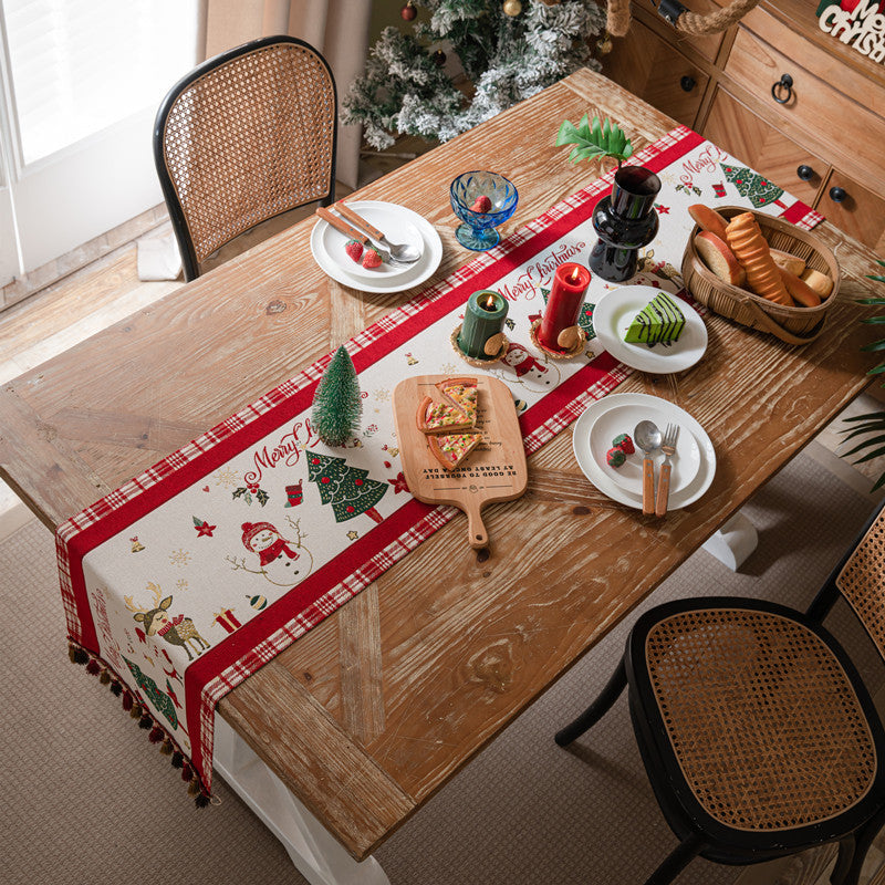 Christmas Table Runner with Santa, Trees and Ornaments | Durable Red Fabric for Festive Dining | Easy Wipe Clean Care