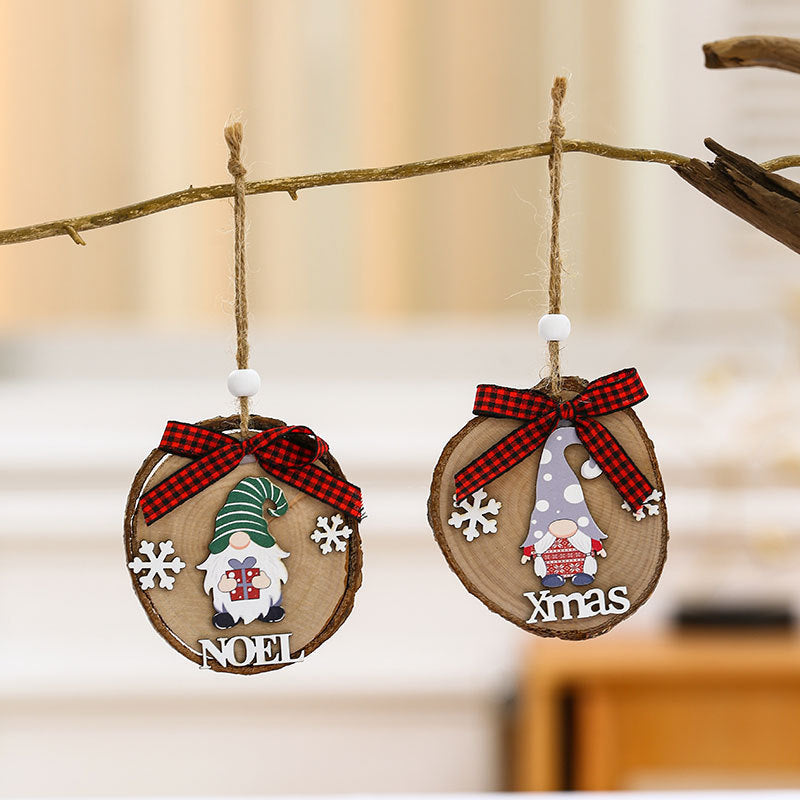 Wooden Gnome Ornaments with Xmas Lettering and Snowflakes | Jute Cord for the Christmas Tree or Door Handle | Plaid Bow