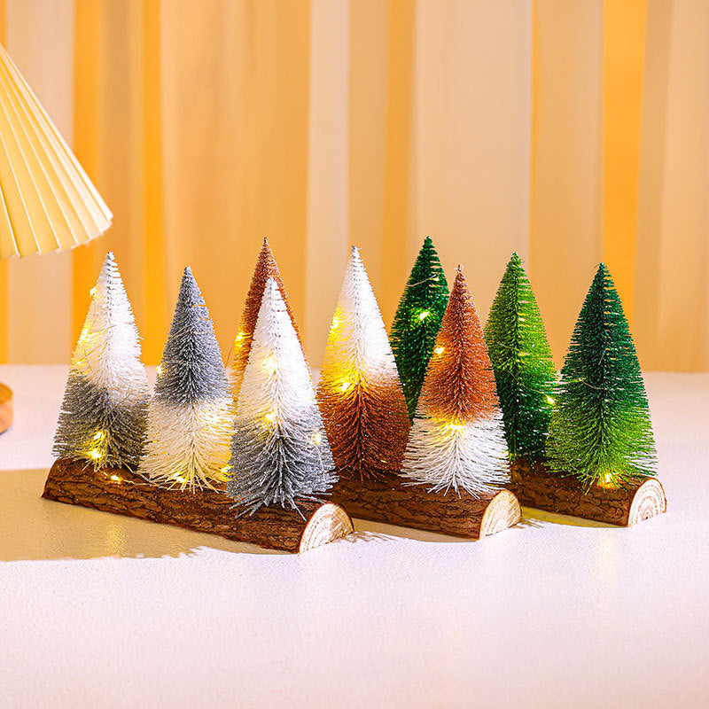 Artificial Christmas Trees on a Wooden Base with Sparkling LED Lights | Battery Powered Tabletop Set | Green, Orange or Silver