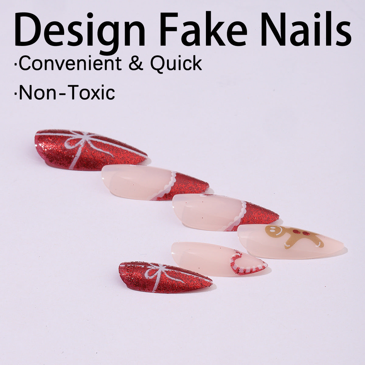 Candy Cane and Gingerbread Nails with Glitter | Christmas Press On Nail Designs | Festive Winter Manicure for Parties