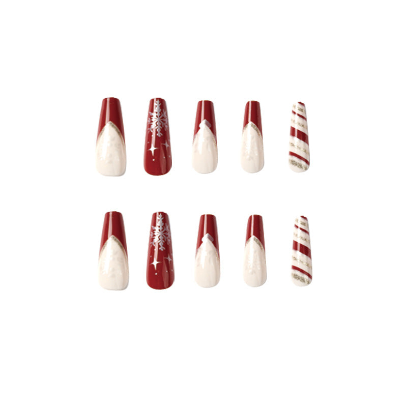 Candy Cane Nails in Deep Red and White | Long Coffin Press On Tips with Snowflake Art | Glitter Accents for Parties