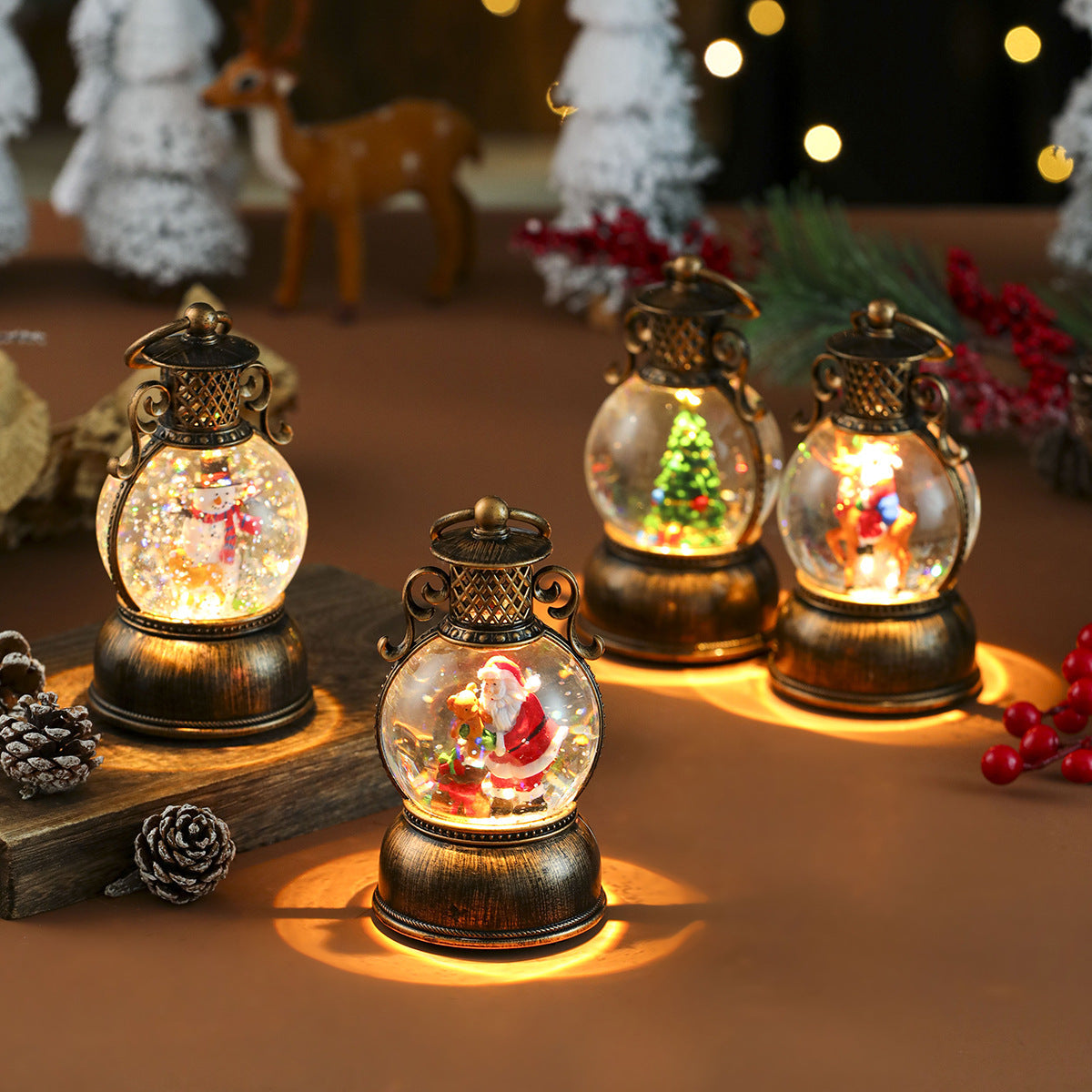 Globe Top Lantern with Santa's Reindeer Scene Inside | Energy Saving LED Glow | Christmas Tabletop and Mantel Decoration