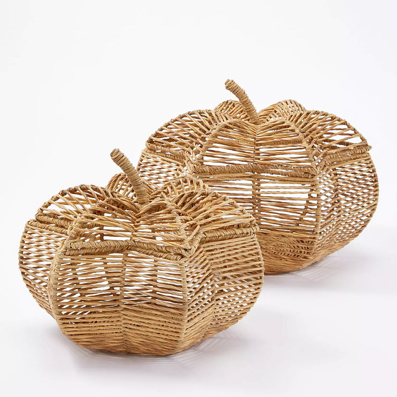 Handwoven Rattan Pumpkin Decor Basket with Curled Stem | Open Weave Bowl for Fruit or Display | Natural Finish