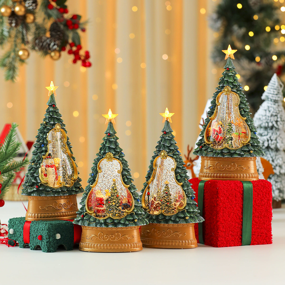 Illuminated Christmas Tree Decorations with a Sparkling Star Top | Painted Scene Behind a Clear Window | Warm Table Glow