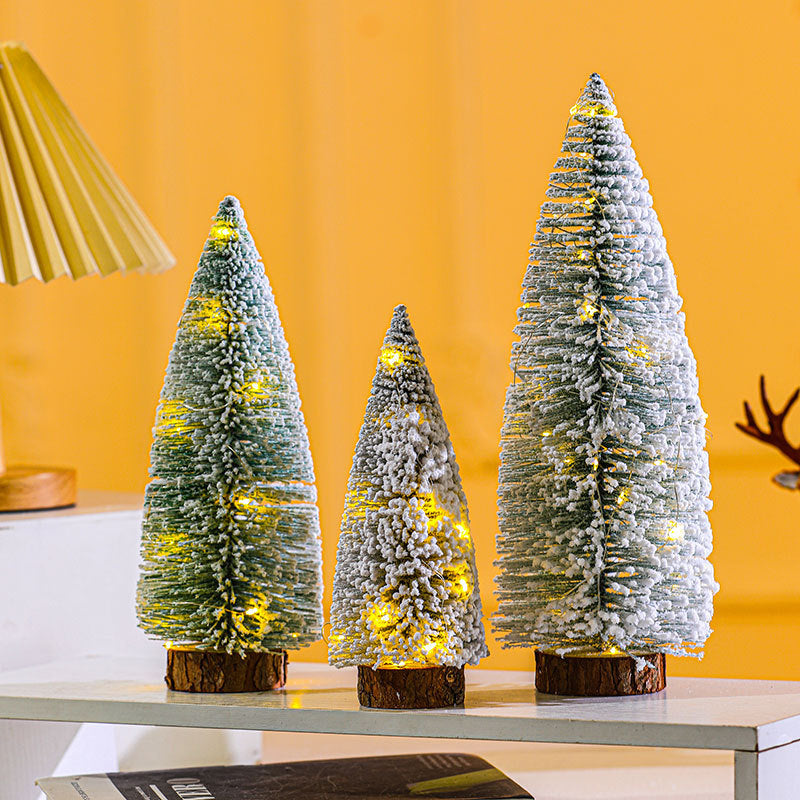 Mini Christmas Tree with Built-In LED Lights | Snow Dusted Finish on a Wooden Base | Warm Glow for Desks and Shelves