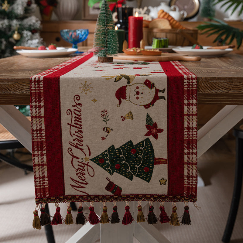 Christmas Table Runner with Santa, Trees and Ornaments | Durable Red Fabric for Festive Dining | Easy Wipe Clean Care
