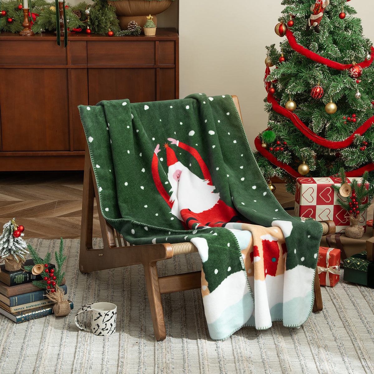Christmas Throw Blanket with Gingerbread and Candy Cane Print | Soft Festive Fleece for Sofa and Bed | Stitched Border, 59 x 39 in