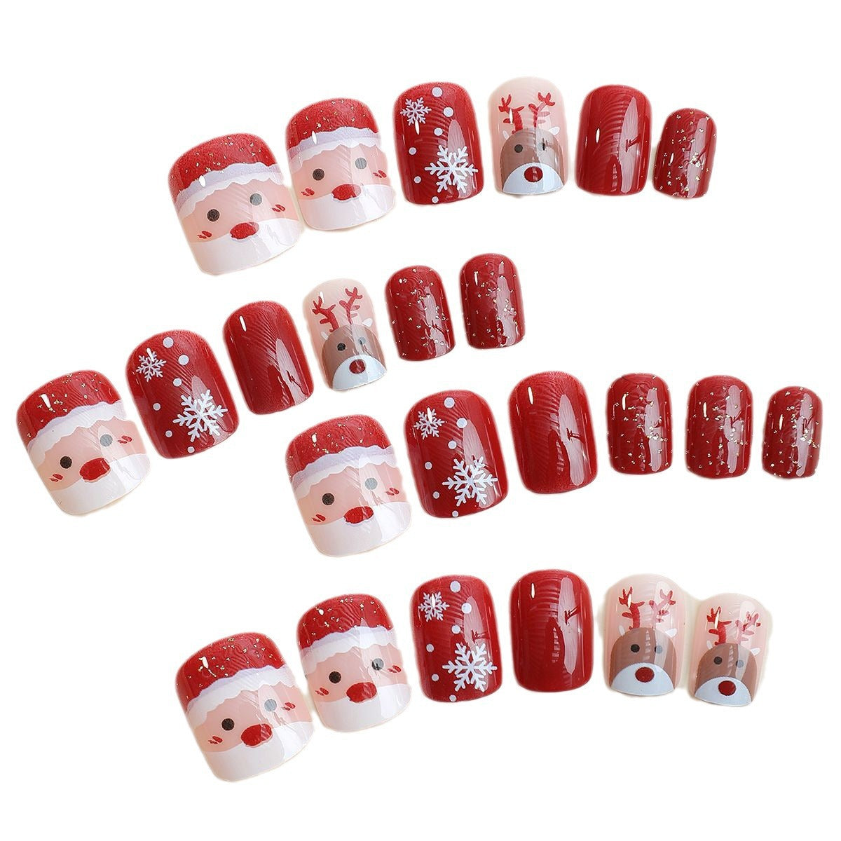 Christmas Nails with Reindeer and Snowflake Motifs | 24 Press On Fingernails in Mixed Sizes | Reusable Kit with Adhesive Tabs