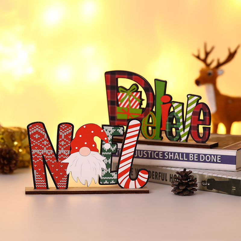 Wooden Christmas Table Sign with Noel and Joy Lettering | Freestanding Block Decor with Festive Character | Three Designs, Lightweight