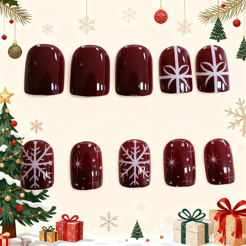 Christmas Press-On Nails in Deep Red with White Snowflakes | Festive Bow Motifs | Non-Toxic Build, Glossy Wear