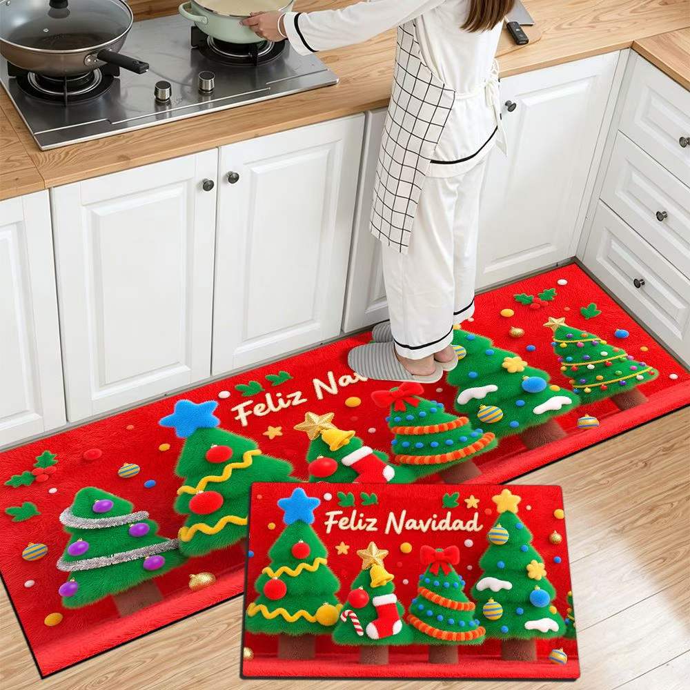 Christmas Kitchen Runner with Tree and Ornament Print | Cushioned Non-Slip Indoor Mat | Festive Floor Decor for Sink and Stove