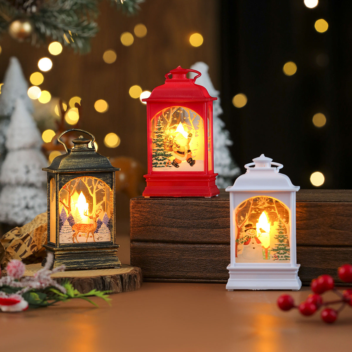 Illuminated Christmas Lanterns with Santa and a Snowy Backdrop | Warm Glow for Indoor or Outdoor Use | Compact Mantel Decor