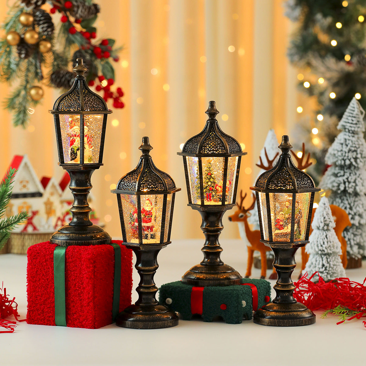 Street Lamp Style Christmas Lanterns with a Santa Scene | Detailed Winter Landscape Inside | Lightweight and Easy to Move