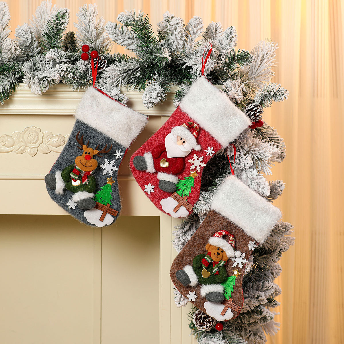 Christmas Stocking with a Snowman and Tree Motif | Soft Durable Fabric with a Roomy Opening | Fireplace Decorations, 4 Designs