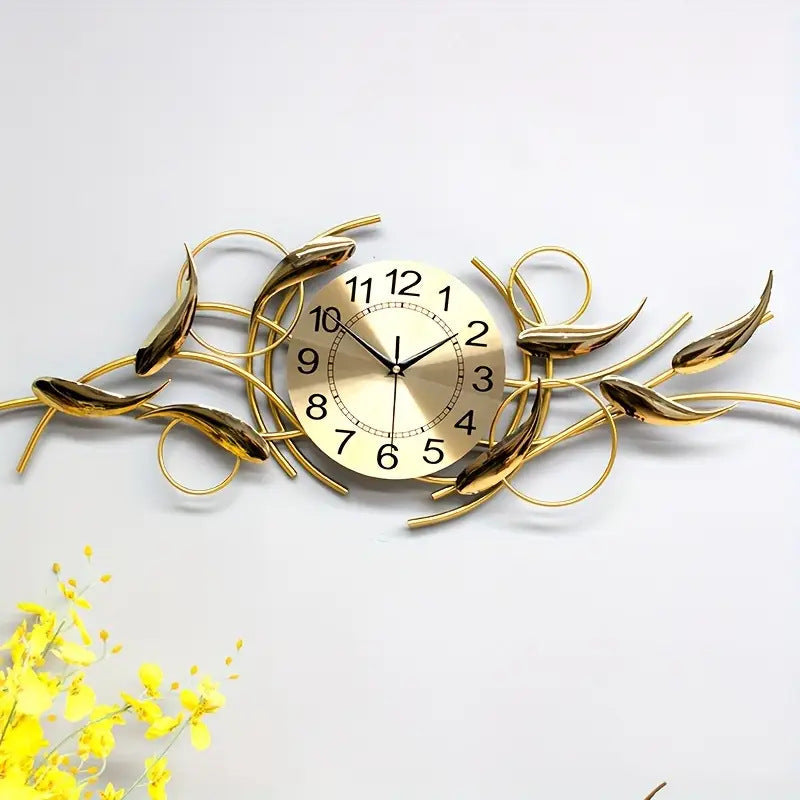 Long Wall Clock with Gold Metal Leaves on a Curling Stem | 36 x 12 in Across the Width of a Sofa | Fixings Included
