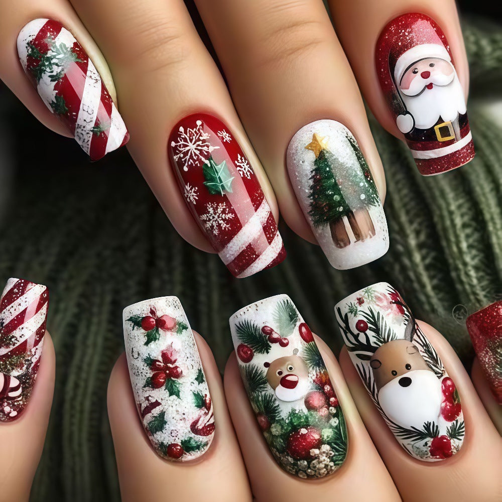 Santa and Gingerbread Christmas Nails | 24 Press On Fingernails with Tree Motifs | Festive Winter Manicure Kit