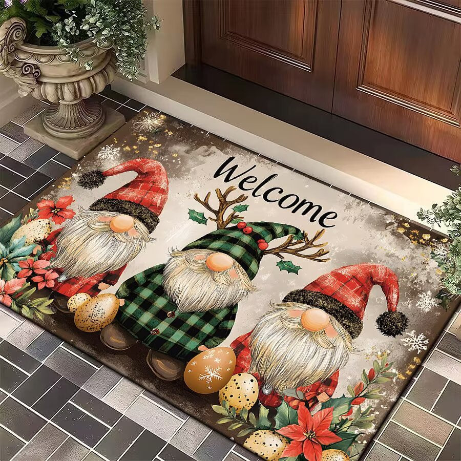 Christmas Door Mat with Santa, Reindeer and Ornaments | Festive Xmas Welcome Rug for the Porch | Holiday Entrance Decor