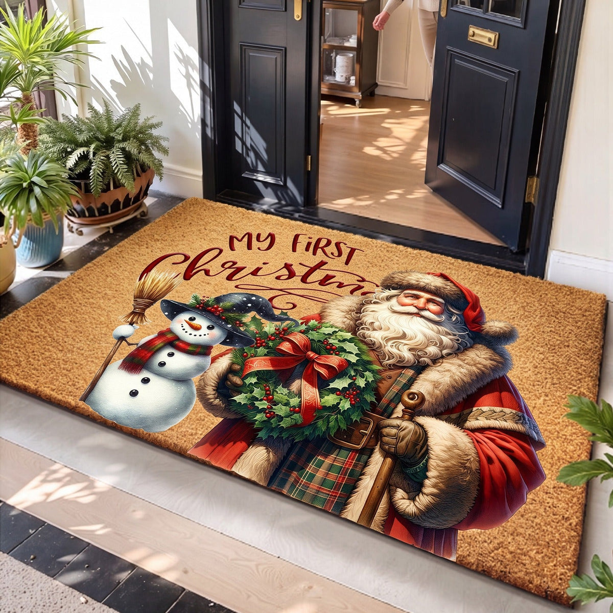 Christmas Welcome Door Mat with Gingerbread Men and Snowflakes | Non-Slip Bottom, Heavy Traffic Build | Entryway Patio Decor