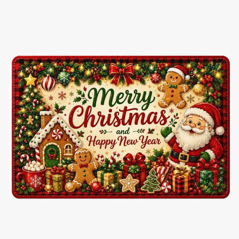 Red and Black Plaid Christmas Door Mat | Ornaments, Snowflakes and Gifts Print | Non-Slip Backing on a Festive Rug