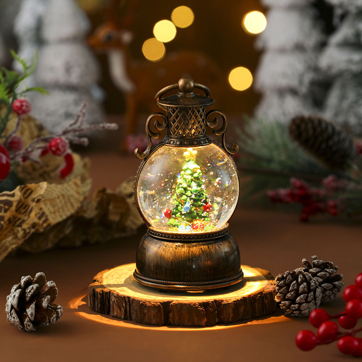 Globe Top Lantern with Santa's Reindeer Scene Inside | Energy Saving LED Glow | Christmas Tabletop and Mantel Decoration