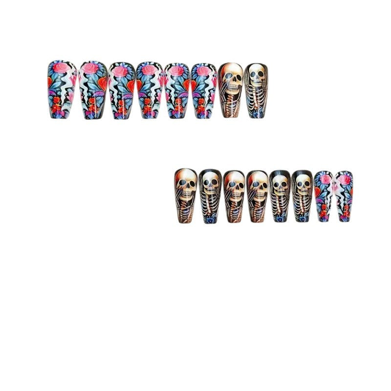 Halloween Skeleton Floral Press-On Nails | Glue-Free Application in Minutes for Parties and Nights Out