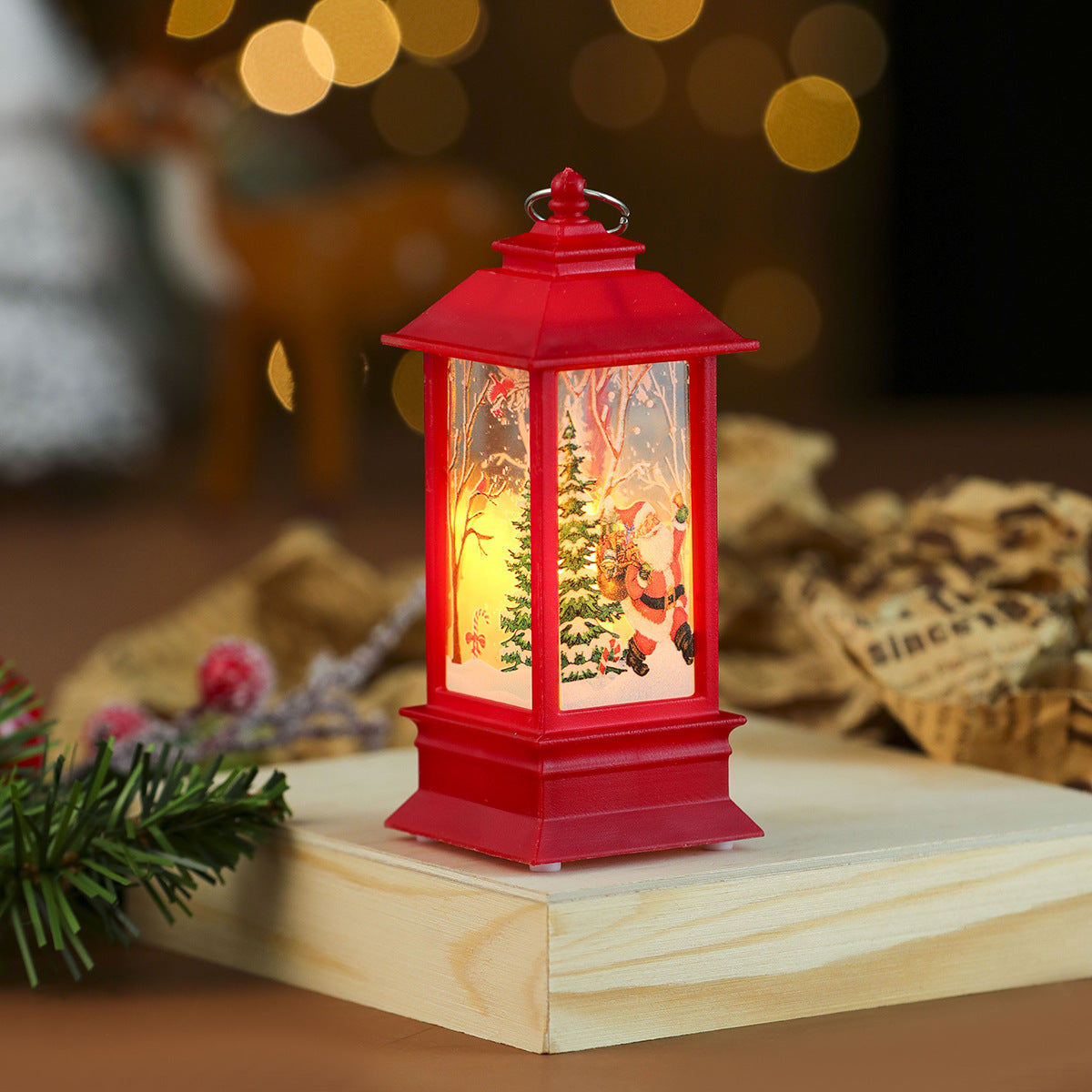 Snowman Scene Christmas Decorations in a Small Flame Lantern | Glittering Trees Around the Figure | Soft Glow for Tabletops
