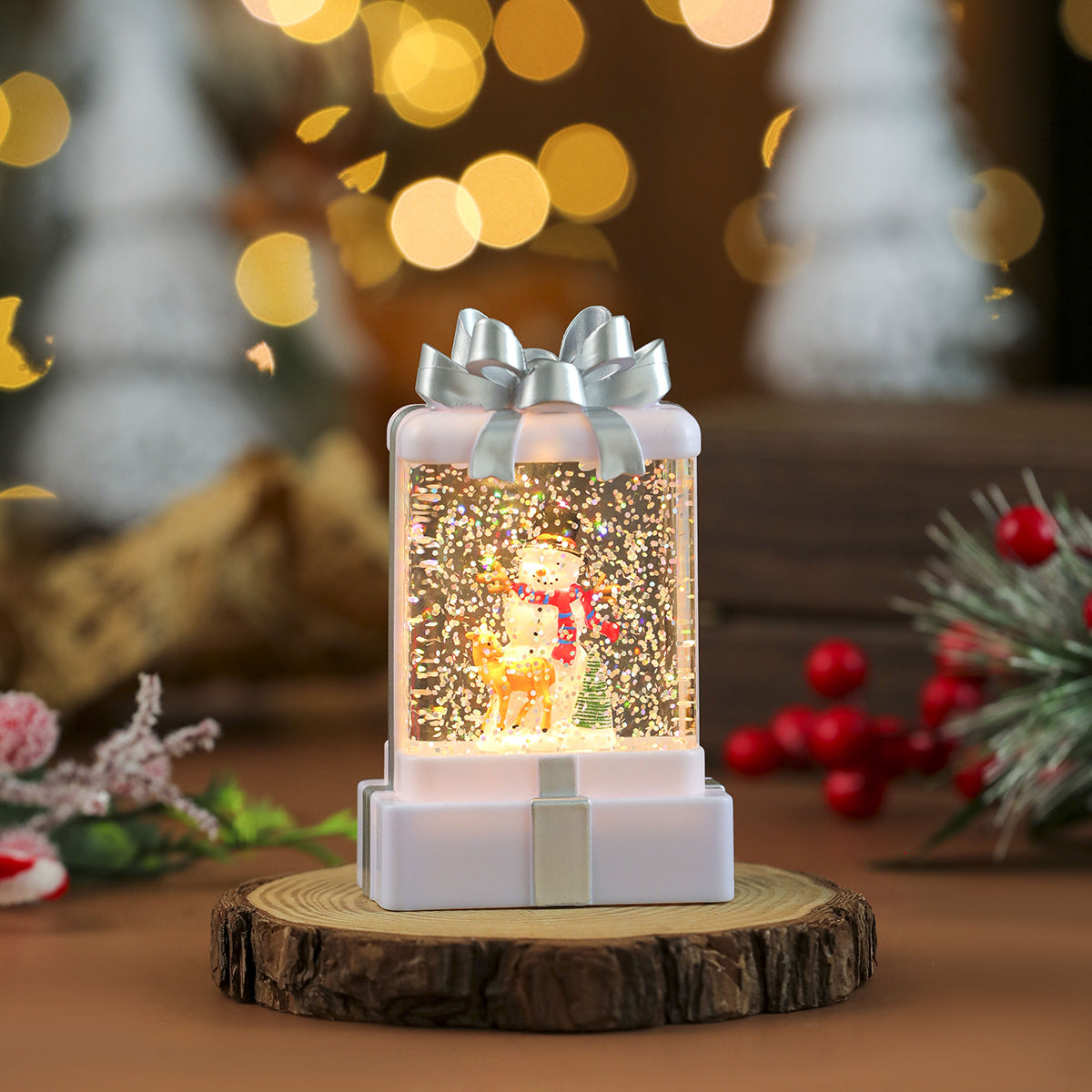 Gift Box Shaped Christmas Decorations with a Santa Scene | Shake for Swirling Snowflakes | Warm LED Light in Red, Green or White