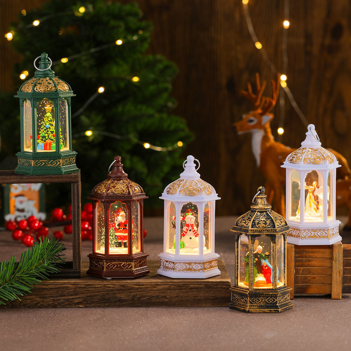 Ornate Christmas Lanterns with a Painted Holiday Figure Inside | Soft LED Light, Just Add Batteries | Cozy Accent for Any Room