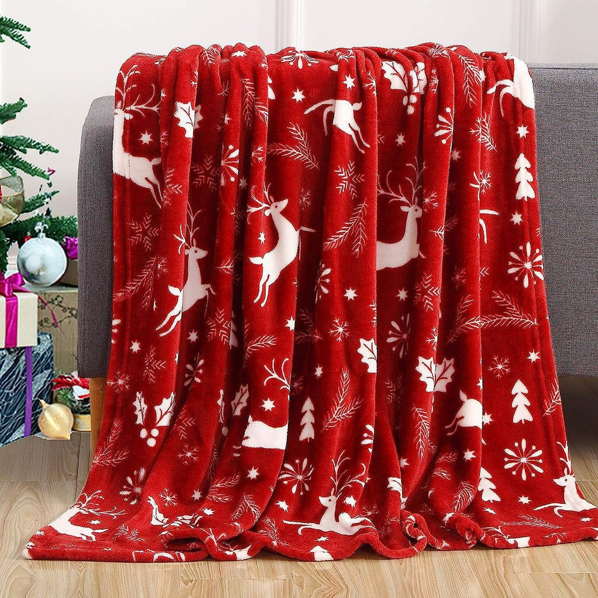 Santa and Snowman Plush Fleece Blanket in Blue | Soft Christmas Throw for Family Movie Nights | Two Sizes Available
