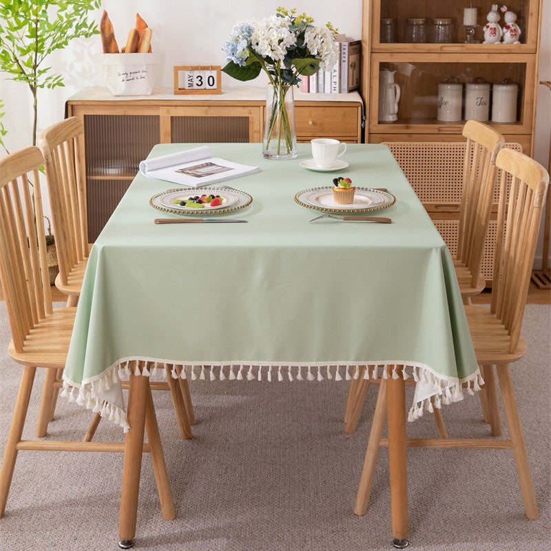 Tassel Trimmed Tablecloth in Plain White or Green | Stain Resistant Washable Fabric | 55 x 55 in
