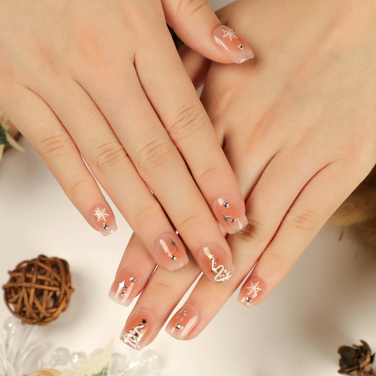 Neutral Christmas Nails with Snowflake and Star Art | Self Adhesive Press On Tips | Lightweight Fit for Daily Wear