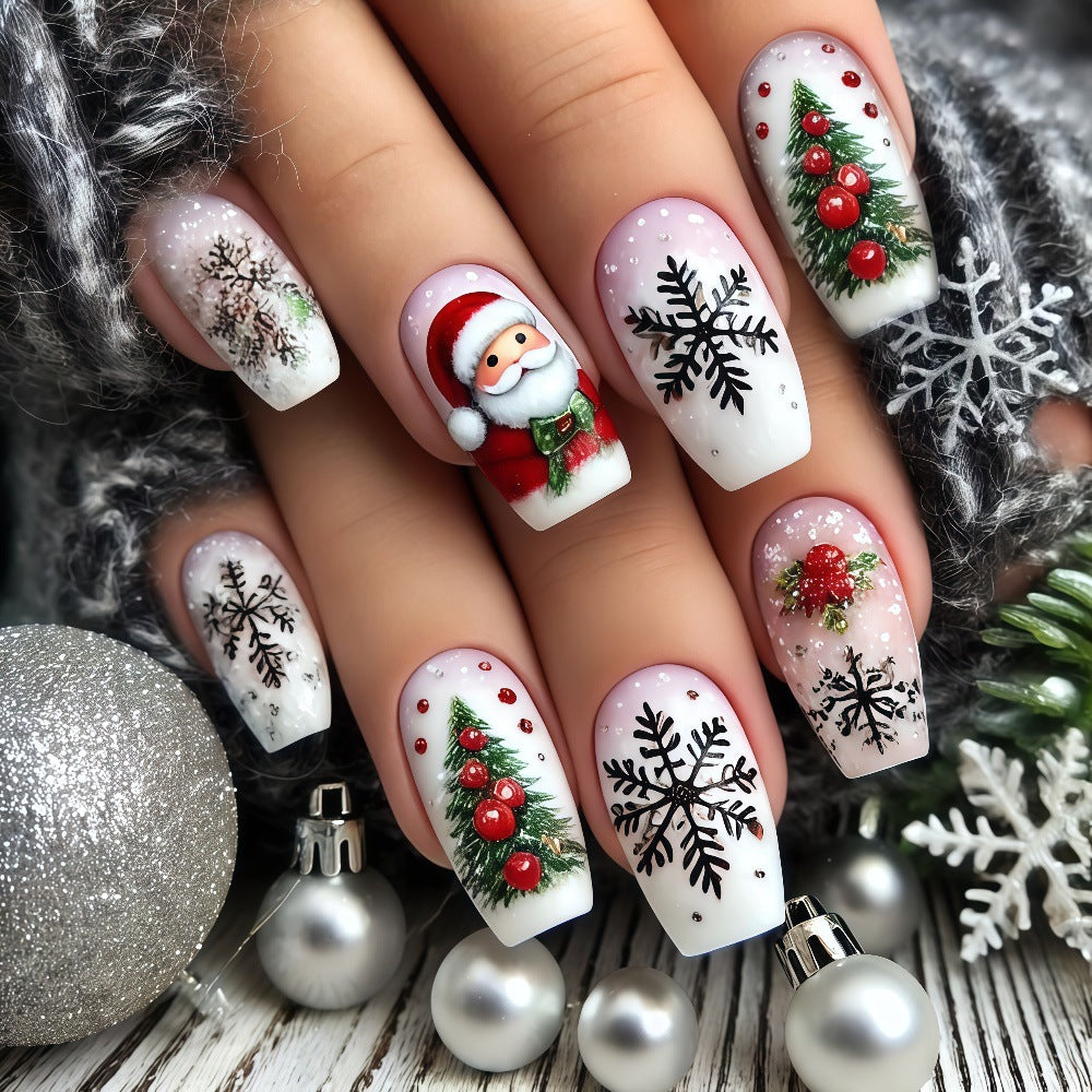 Festive Nails with Christmas Trees and Snowflakes | Press On Nail Set in White | Xmas Manicure for Family Photos