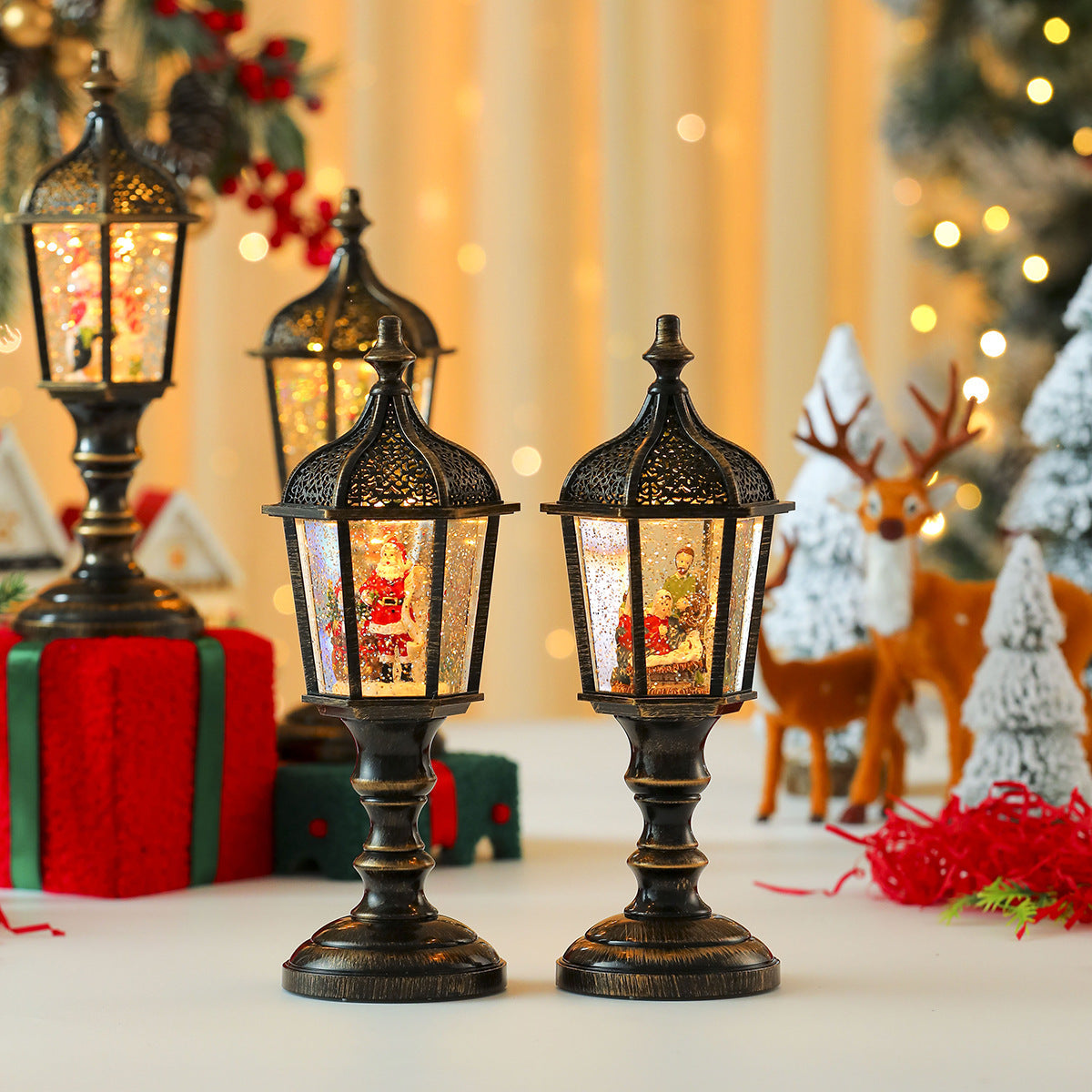 Street Lamp Style Christmas Lanterns with a Santa Scene | Detailed Winter Landscape Inside | Lightweight and Easy to Move