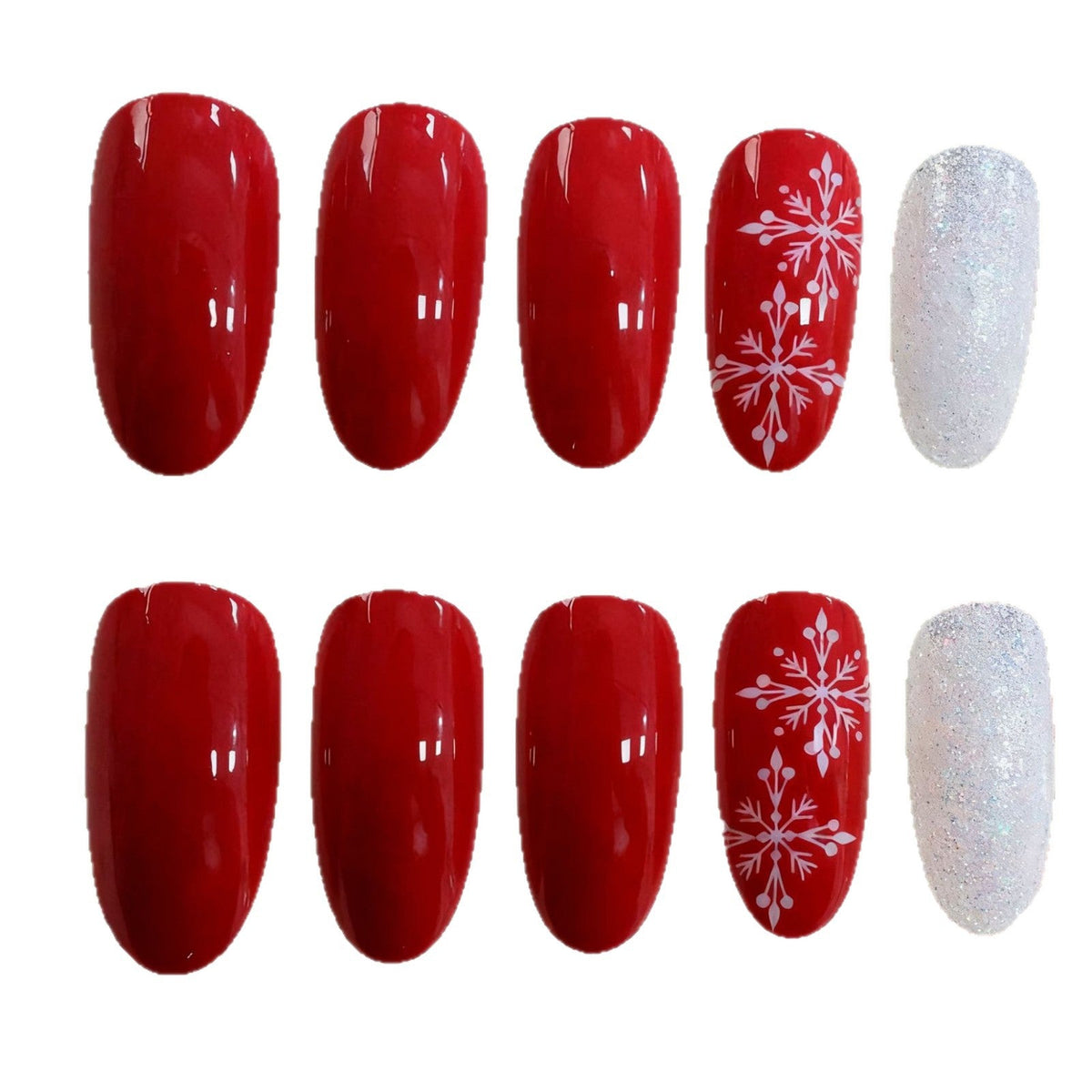 Red and White Christmas Nails with Snowflake and Lettering Art | Long Almond Press On Tips | Glossy Durable Finish