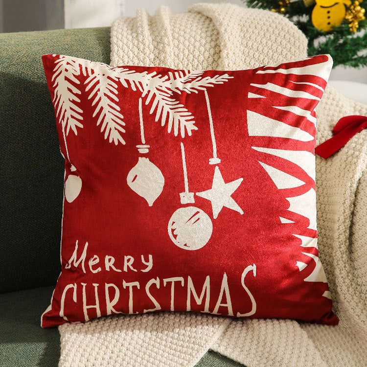Velvet Christmas Pillow Cover with Season's Greetings Script | Hidden Zipper, Machine Washable | Red Holiday Decorations