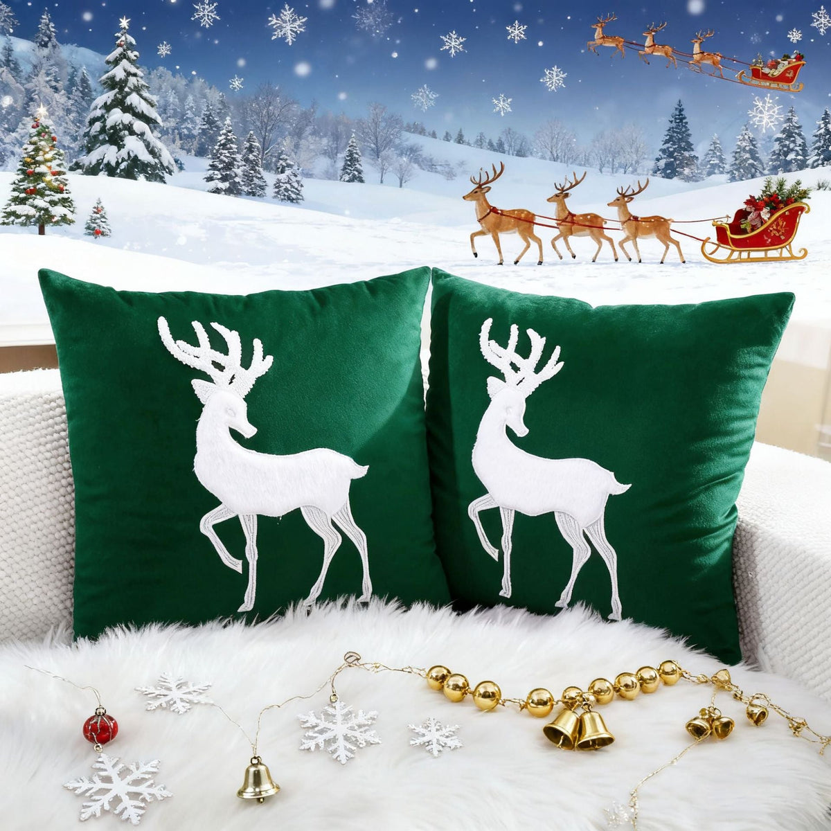 Christmas Living Room Throw Pillow Cover with Deer Silhouette | Removable Case with Discreet Zipper | 42 Designs, 17.72 x 17.72 in