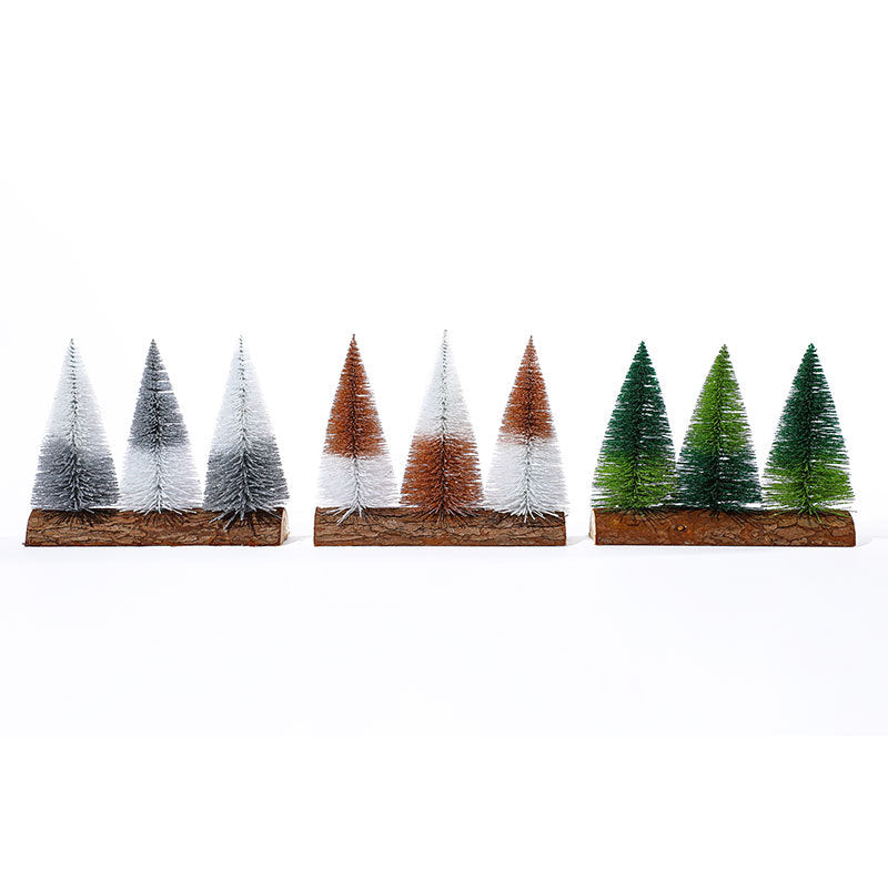 Artificial Christmas Trees on a Wooden Base with Sparkling LED Lights | Battery Powered Tabletop Set | Green, Orange or Silver