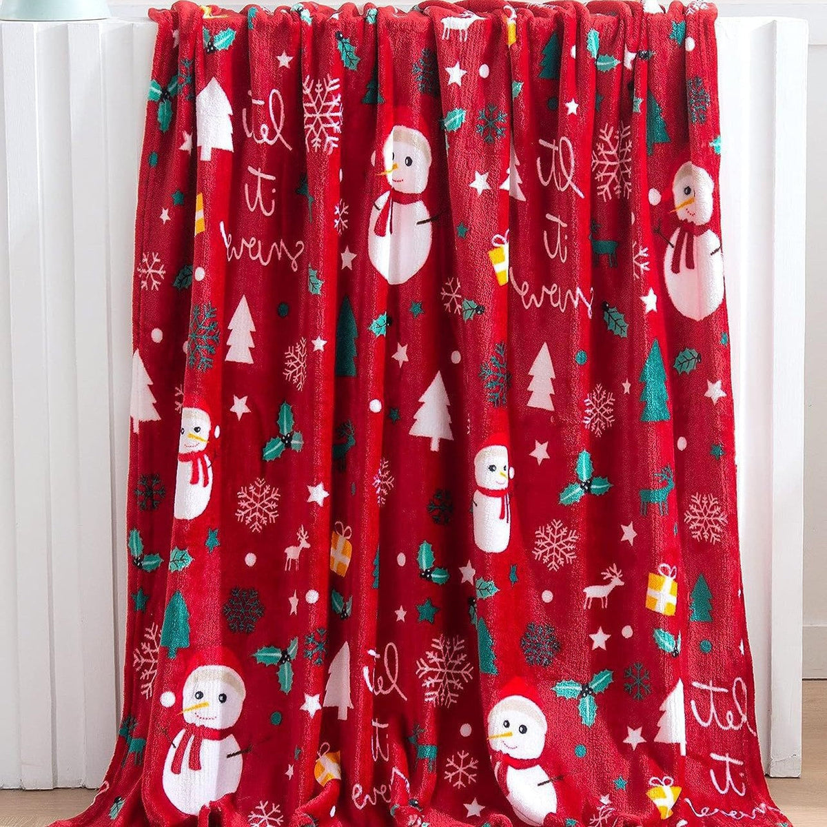 Santa and Snowman Plush Fleece Blanket in Blue | Soft Christmas Throw for Family Movie Nights | Two Sizes Available