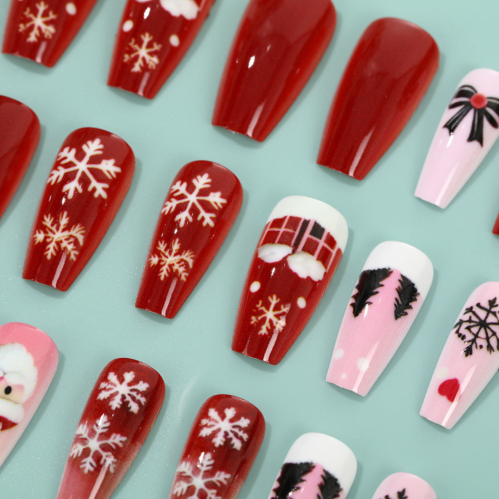 Press On Nails with Snowflake and Santa Designs | Glossy Christmas Nail Art Set | Adhesive Tabs Included for Easy Wear
