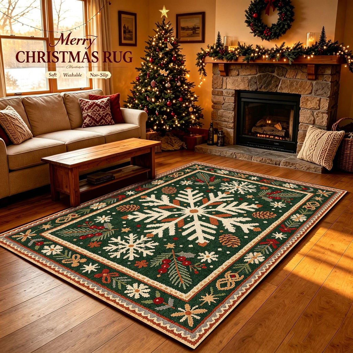 Christmas Area Rug with Snowflake and Pine Cone Pattern | Plush Soft Pile, Non-Slip Backing | Washable Holiday Floor Decor