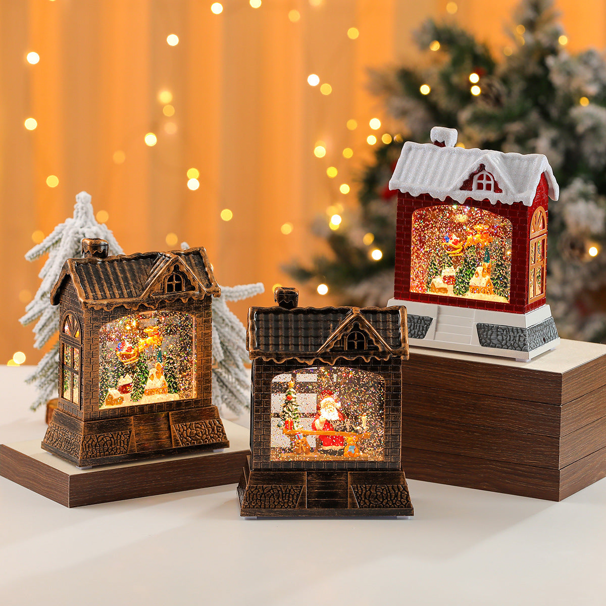 Christmas Village Snow Globe House with a Santa Scene | Lights Up for Mantel and Tabletop Display | Resin and Glass, 2 Colorways